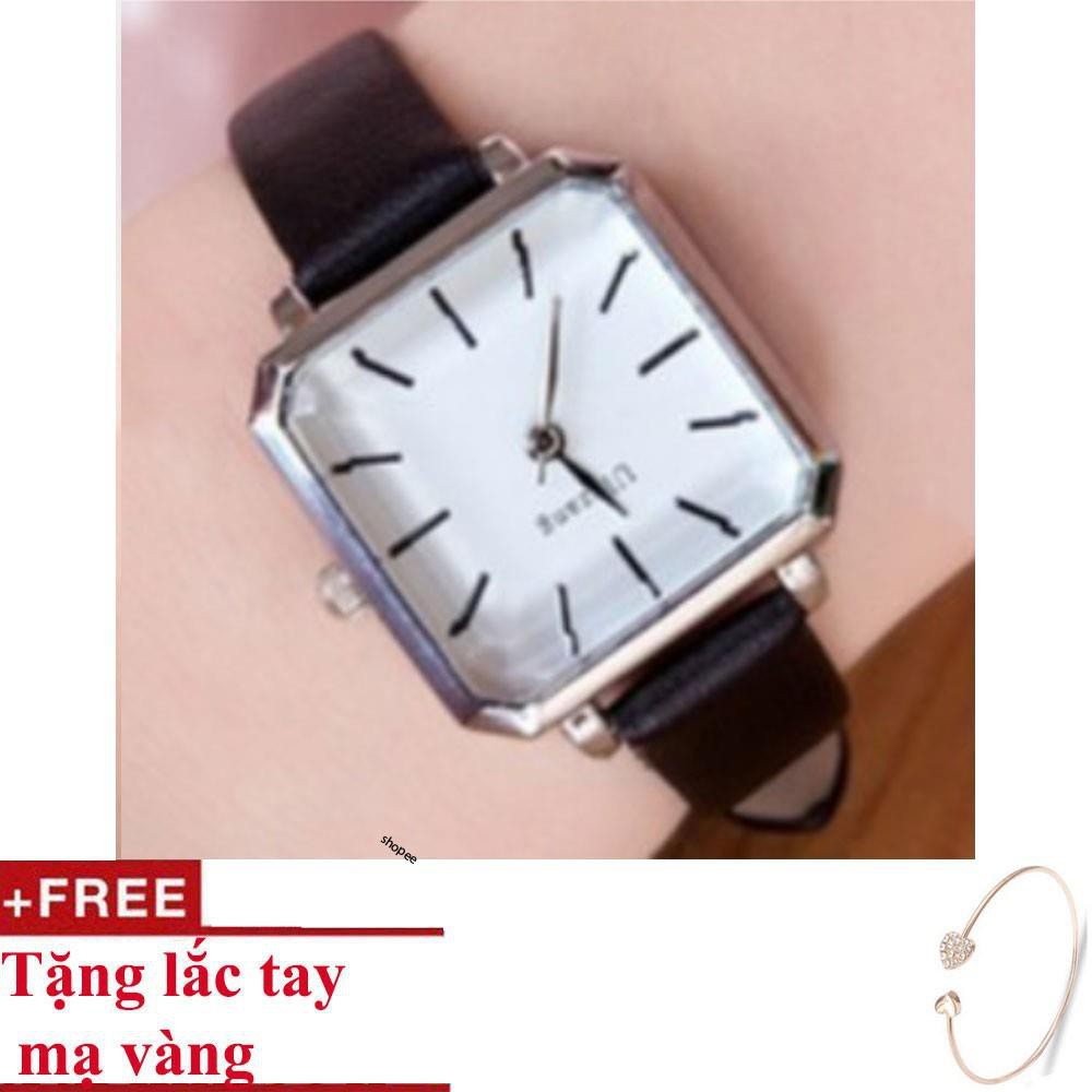 Đồng hồ nữ Ulzzang dây da mặt vuông (đen) + Tặng lắc tay mạ vàng [cao cấp]