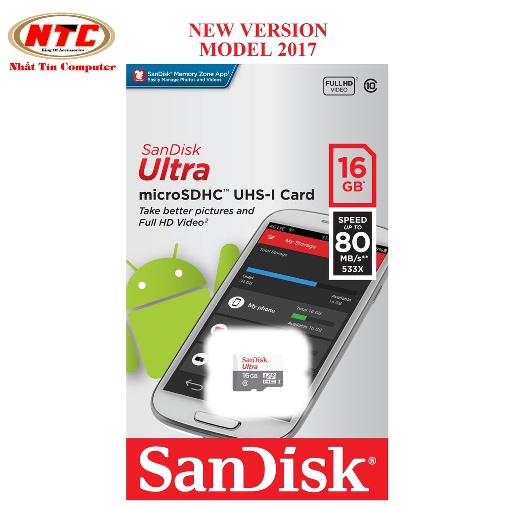 Thẻ nhớ MicroSDHC SanDisk Ultra 533X 16GB 80MB/s - Model 2017 (Trắng bạc)