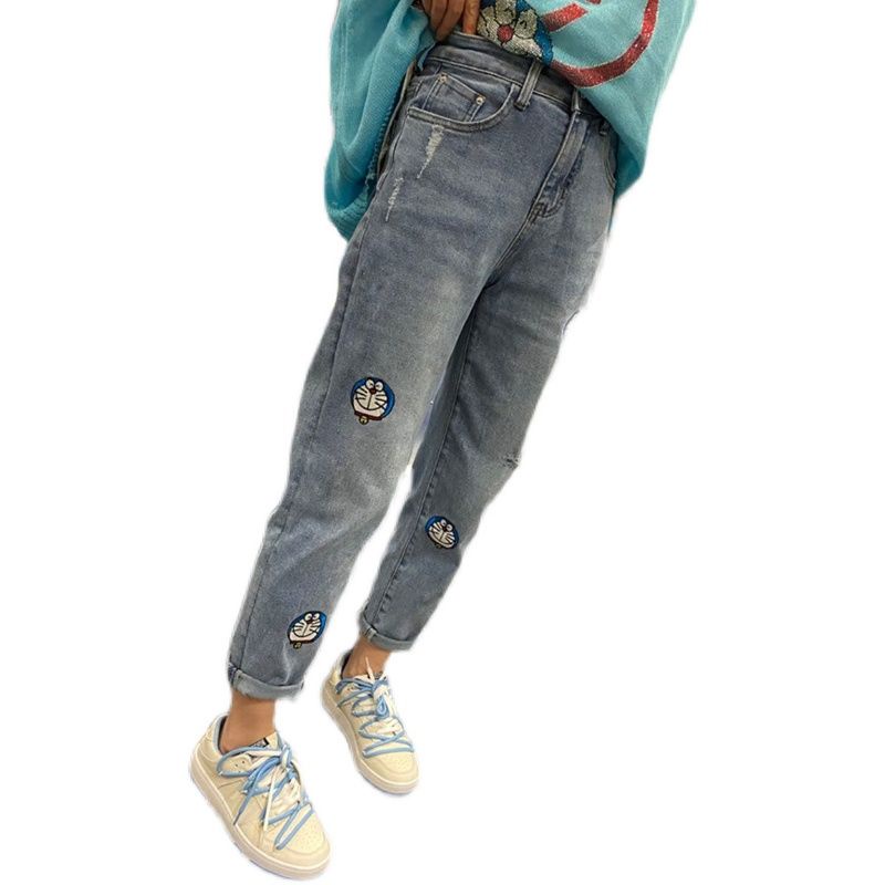 European station 2022 summer new embroidery robot cat jeans women's large size high waist style Harlan trousers trend