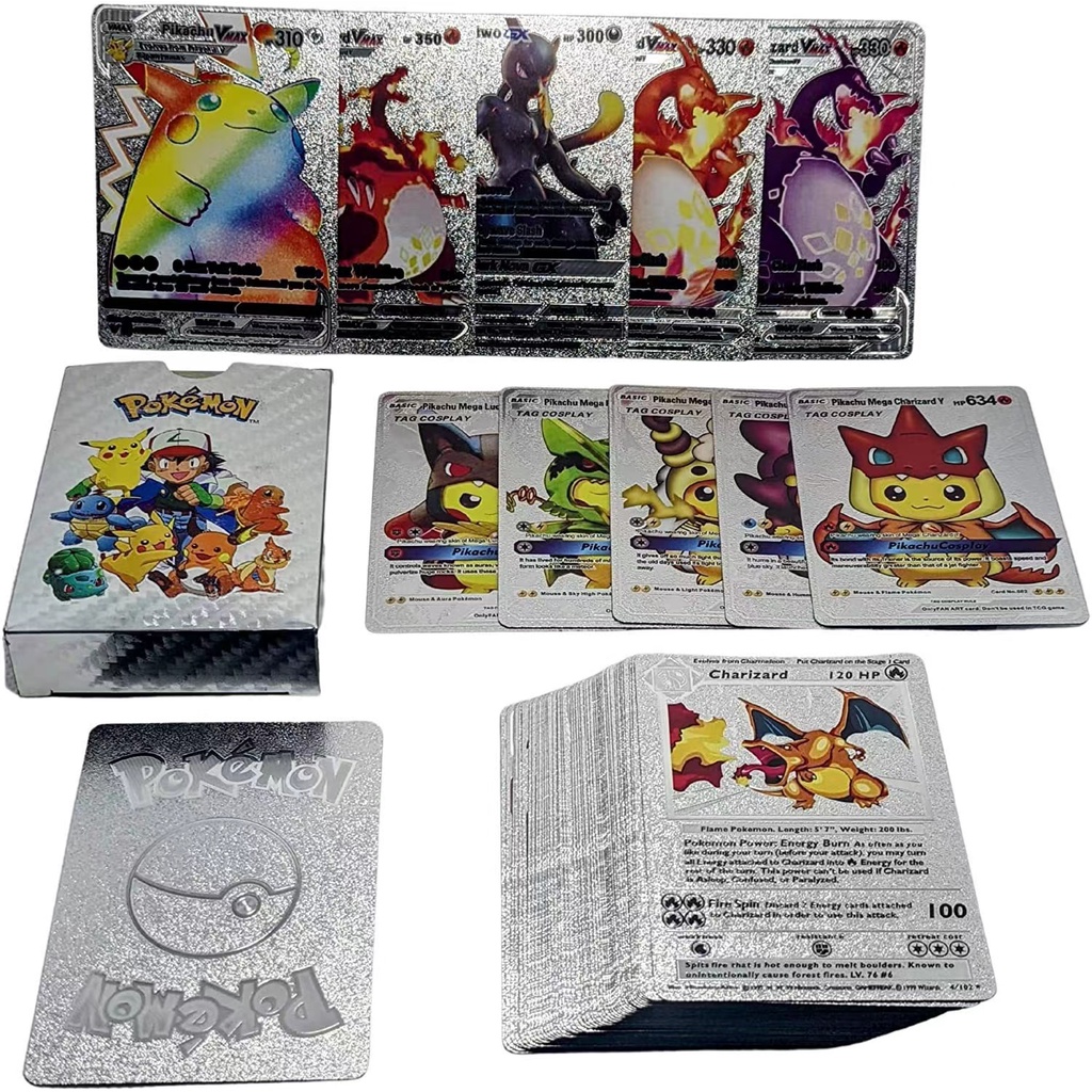 Bộ 55 Thẻ Bài Pokemon Kim Loại Màu Vàng Kim Vmax GX