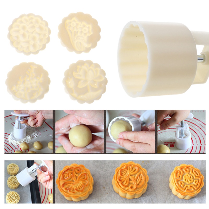 Khuôn nhấn cắt bánh trung thu 75g hình hoa hướng dương kèm 4 tem tạo họa tiết