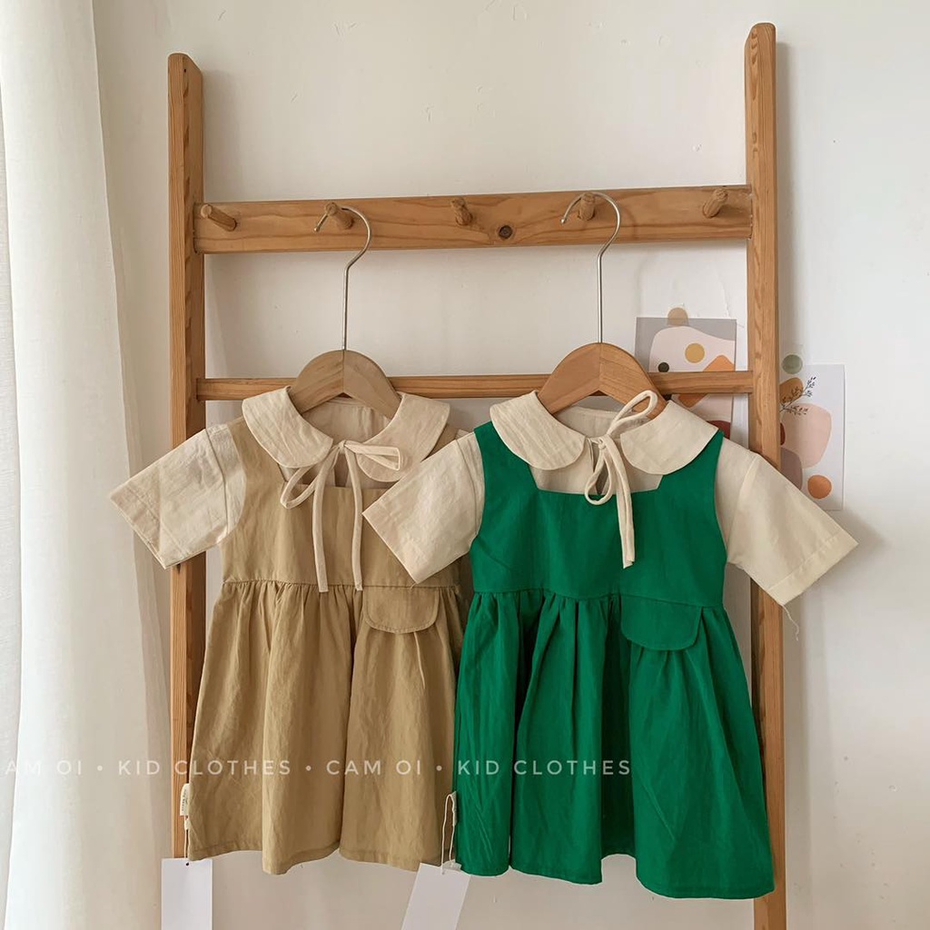 Áo cổ sen thắt nơ MIX yếm/ váy học sinh siêu xinh - 2 màu be/xanh