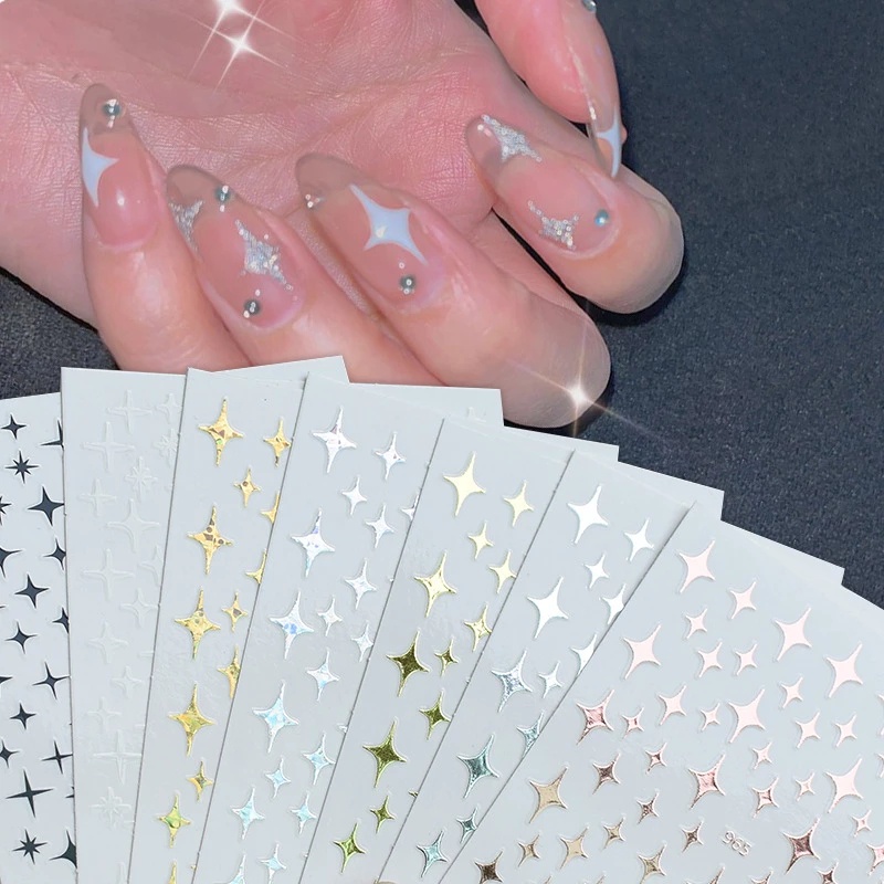 Miếng dán móng tay hình ngôi sao 3D màu trắng/đen/vàng kim DIY