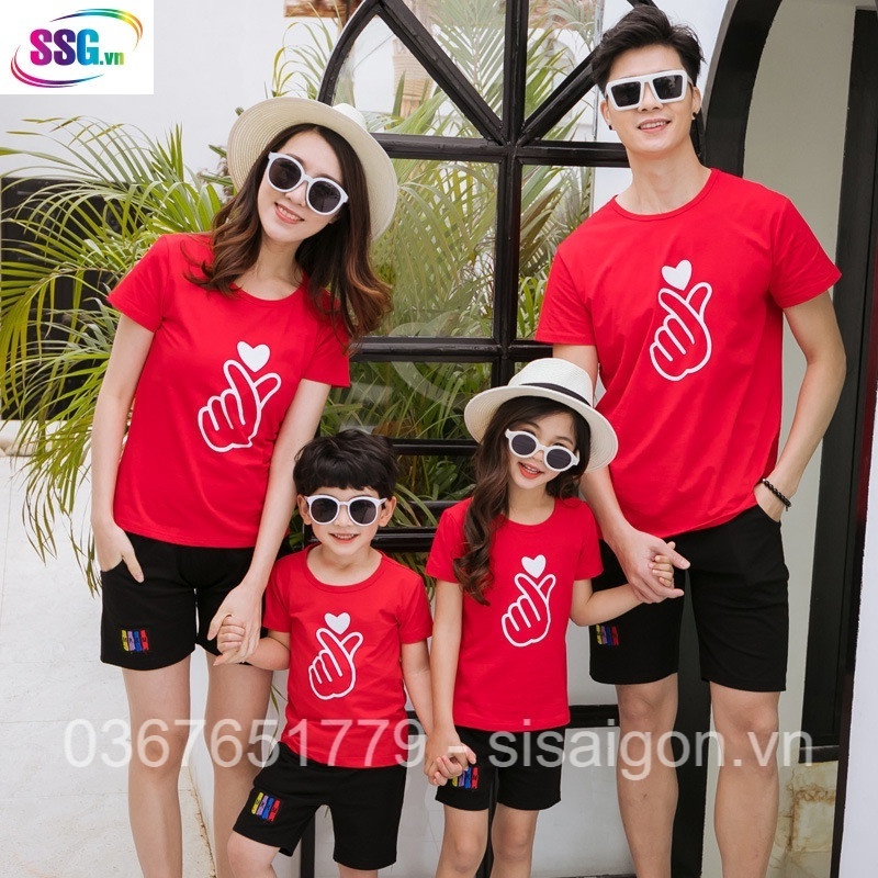 Áo gia đình, đồng phục gia đình, nhóm 3/4/5 người áo thun cotton mềm mịn đủ màu mặt thoáng mát - in hình Bắn Tim