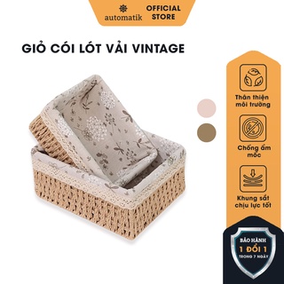 Giỏ Cói Vintage Đựng Đồ, Mỹ Phẩm, Quần Áo Để Bàn, Decor, Trang Trí Chụp Ảnh Đa Năng, Lót Vải Họa Tiết - Automatik