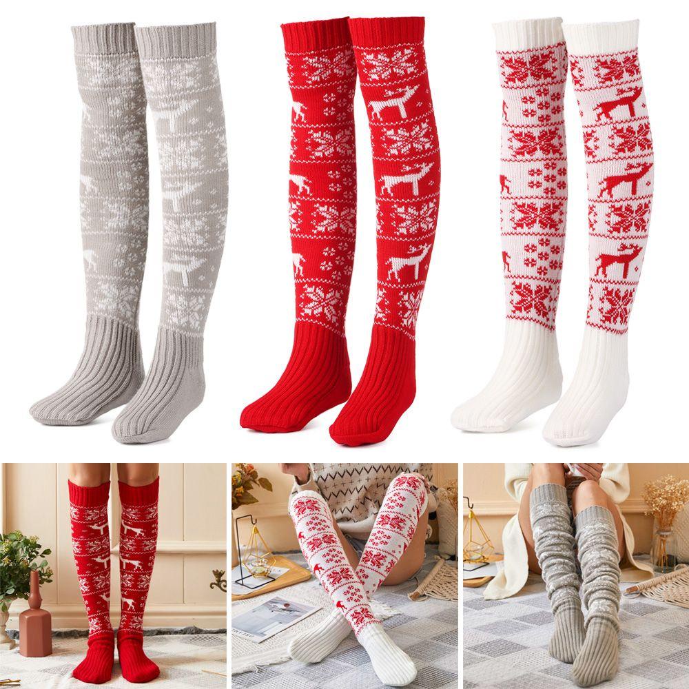 Tất Dệt Kim Dày Giữ Ấm Đầu Gối Phong Cách Giáng Sinh