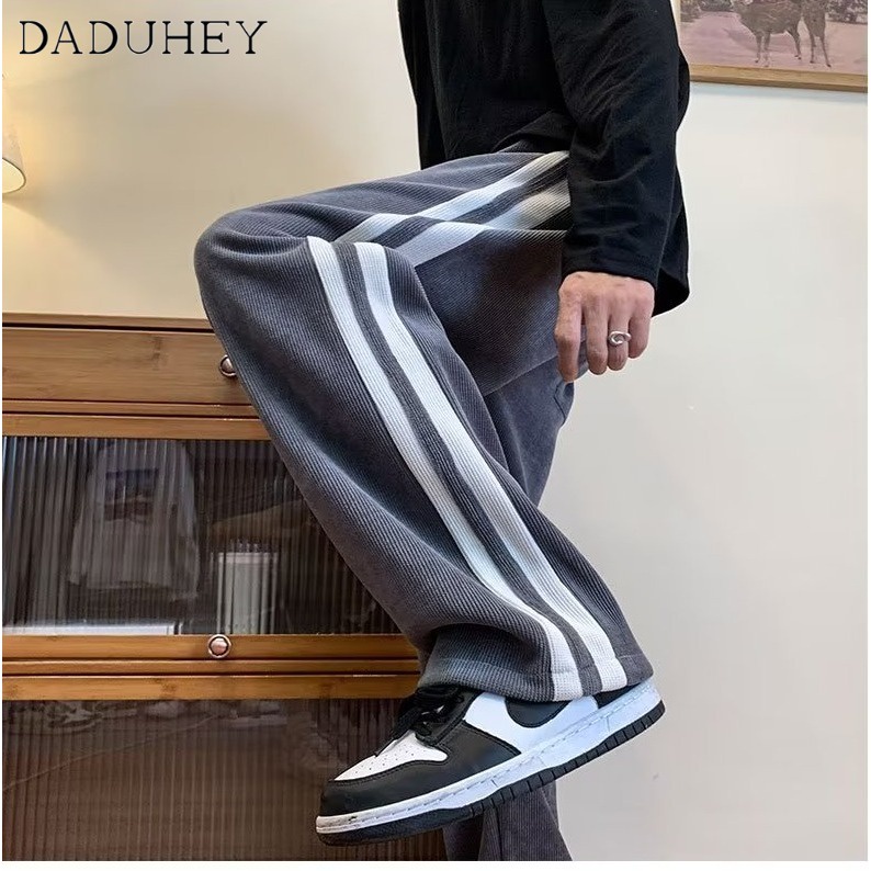 DaDuHey Men's Autumn Fashion Brand Loose Striped Casual Pants Ins Corduroy Straight Wide Leg Sports Pants