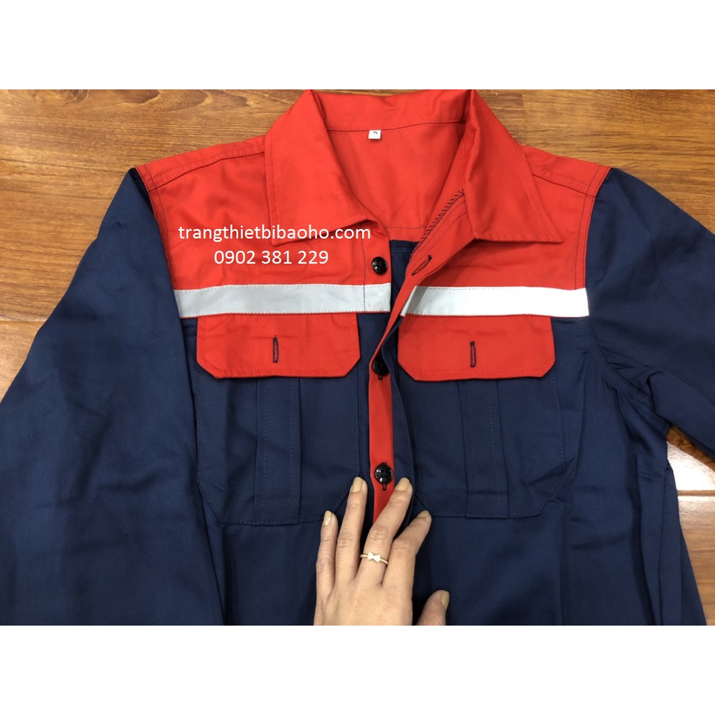 Quần áo bảo hộ vải kaki màu xanh đen phối đỏ quần túi hộp DN14