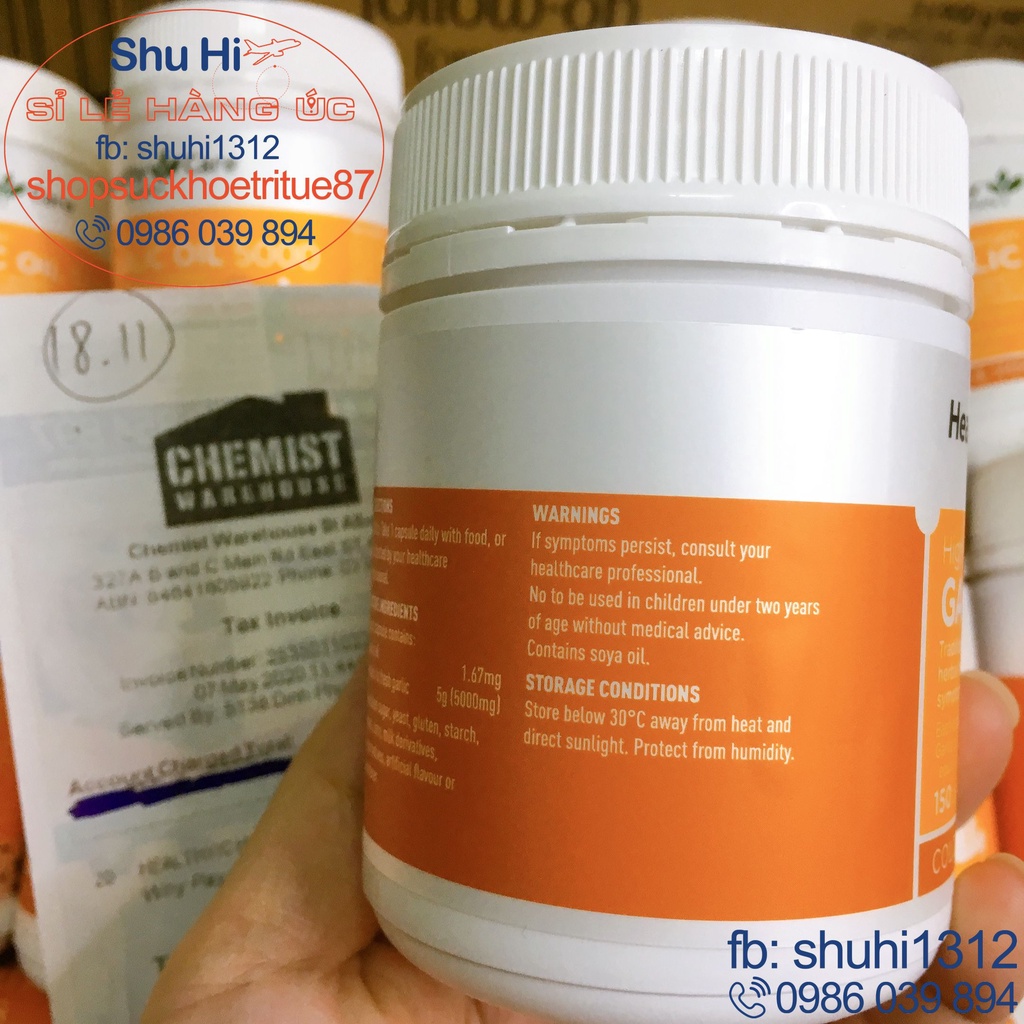 Viên uống tinh dầu tỏi hàm lượng cao garlic oil - healthy care high strength garlic oil 150 viên - đủ bill chemist úc