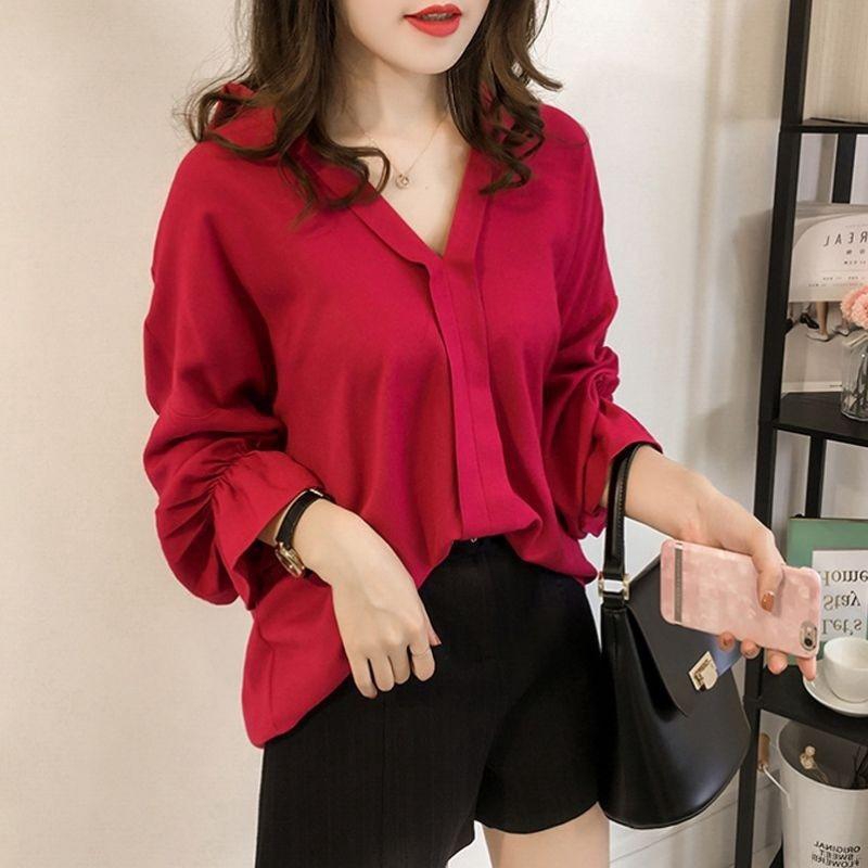 Áo dài tay màu trơn cổ sâu chữ V chất liệu chiffon thời trang nữ