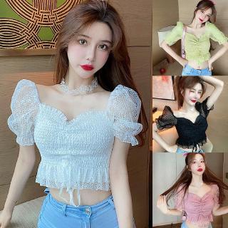 Áo Croptop Cổ Vuông Tay Phồng Phối Ren Kiểu Dáng Ngọt Ngào Cho Nữ
