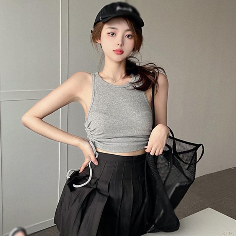 Áo Croptop Sát Nách Màu Trơn Phối Dây Rút Phong Cách Hàn Quốc