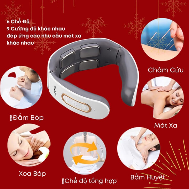 Máy massage cổ vai gáy 3D ứng dụng xung điện mát xa, 4 điện cực tiếp xúc, 6 chế độ massage, 9 mức cường độ mạnh mẽ