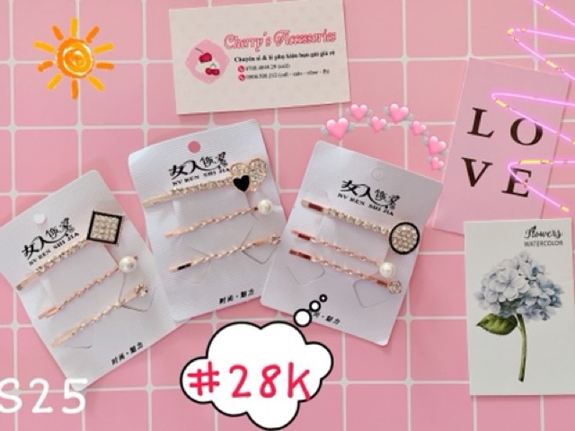 Set 3 cây kẹp đính ngọc nhân tạo và đá mẫu Hàn quốc