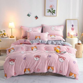Bộ vỏ chan ga gối Hồng kẻ mèo cute (mua kèm Vỏ gối ôm ngẫu nhiên)