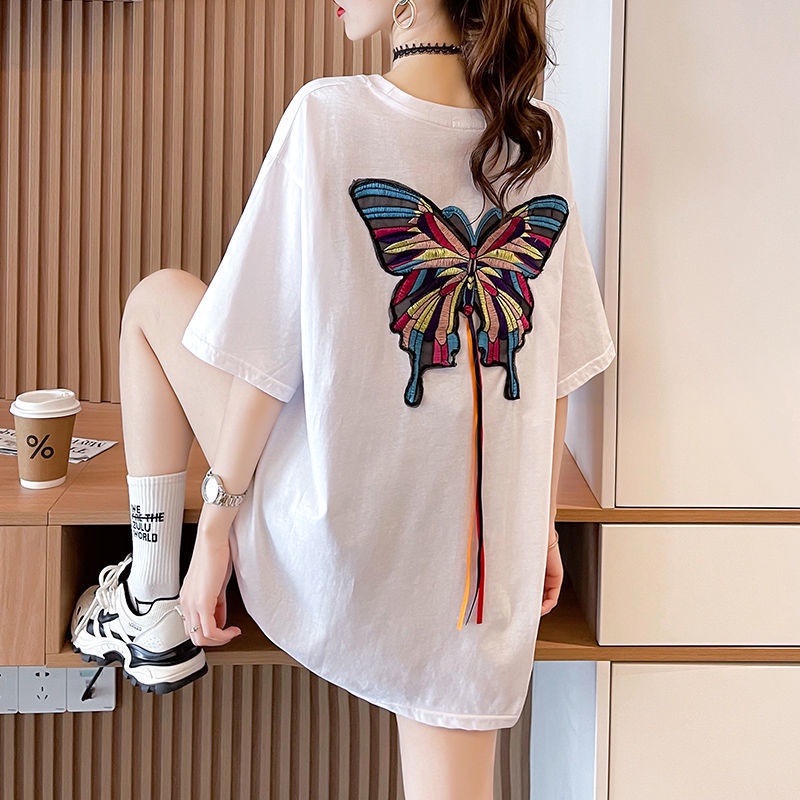 【Plus Size】(40-150kg) Áo Thun Nữ Tay Ngắn Dáng Rộng Thêu Hình Bướm