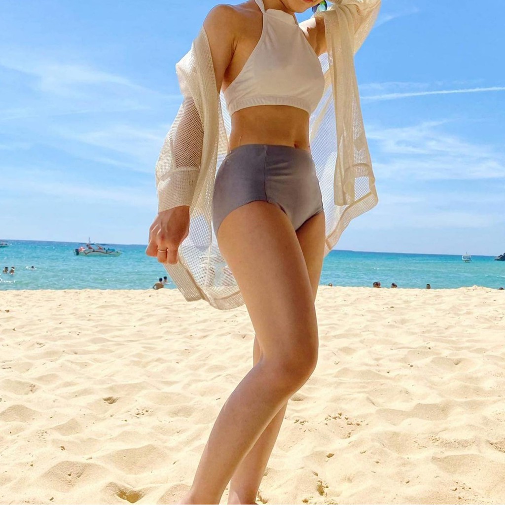 BIKINI Bộ đồ bơi nữ đi biển 2 mảnh áo cổ yếm trắng - quần cạp cao xám 05