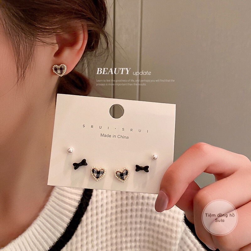 [ 3 đôi ] Khuyên tai thiết kế hình nơ, trái tim nhỏ gọn đáng yêu - Kim bạc 925