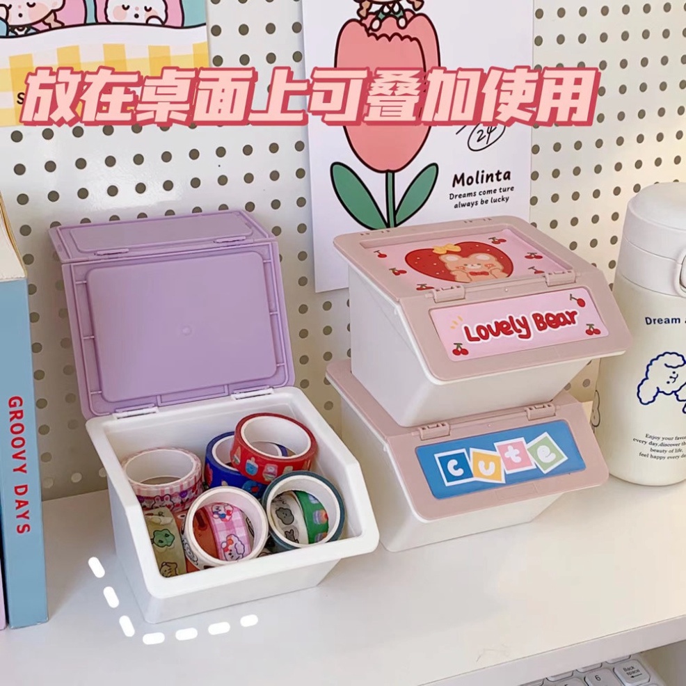 Kệ Đựng Đồ Mini - Hộp Đựng Trang Sức Nắp Lật Họa Tiết Hoạt Hình Dễ Thương Có Thể Xếp Chồng