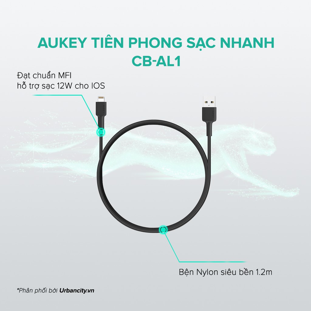 Cáp Lightning Aukey CB-AL1 MFi, Dài 1.2 Mét Chống Rối Toàn Diện - Hàng Chính Hãng