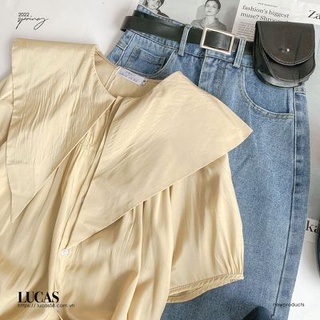 Áo sơ mi be cổ sen to tay cộc thân basic