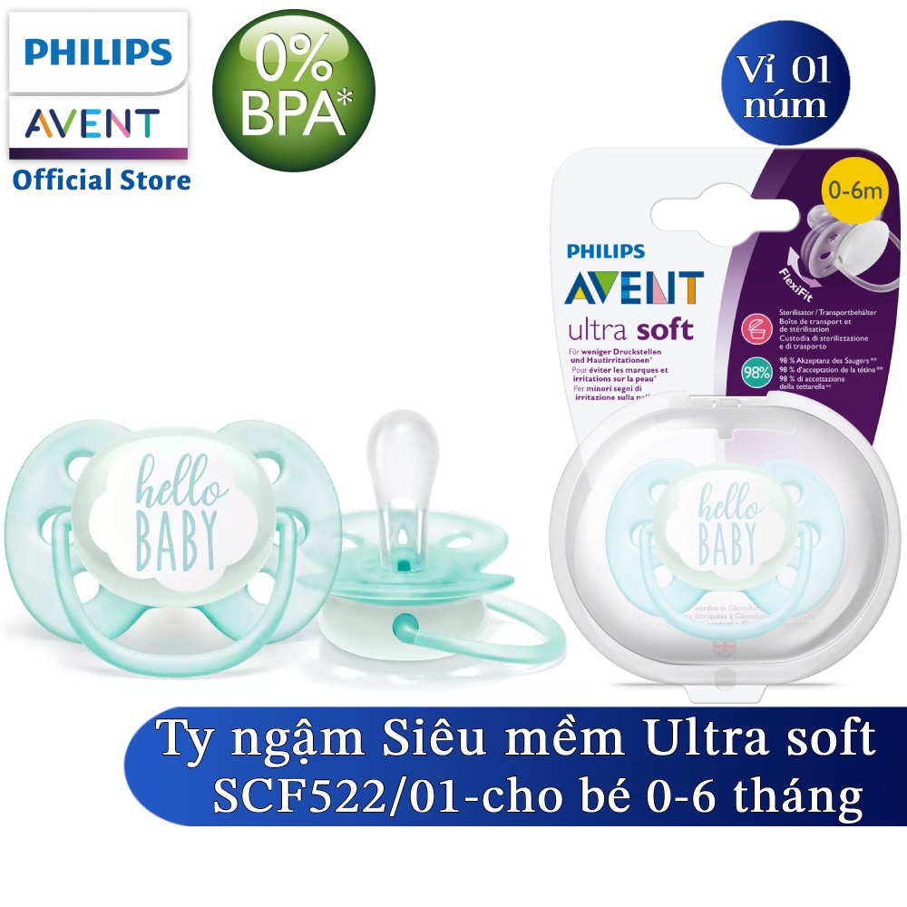 Philips Avent núm ty ngậm siêu mềm 0-6 tháng, vỉ đơn SCF522/01 SCF527/01