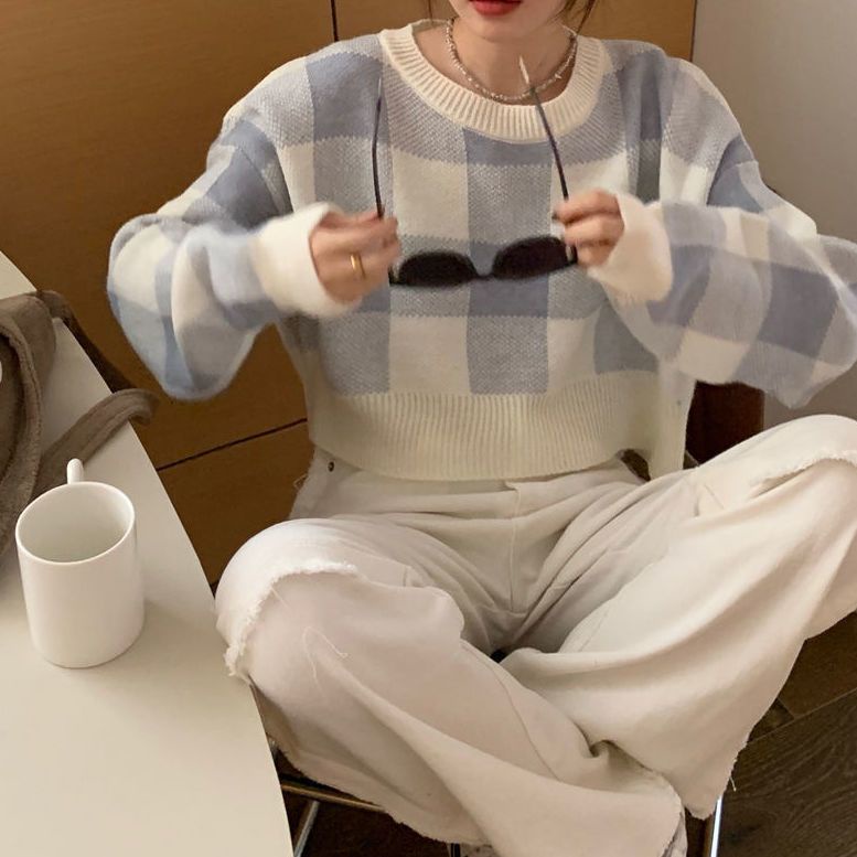 COZOK Áo Sweater Tay Dài Dáng Rộng Sọc Ca Rô Phối Màu Tương Phản Cá Tính Thời