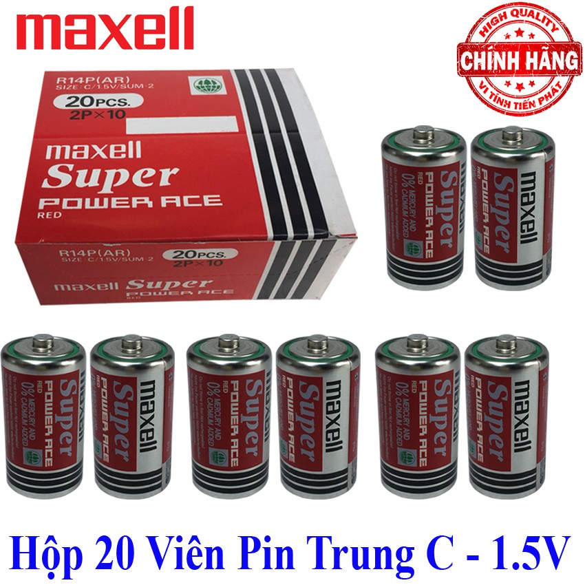 Hộp 20 viên Pin trung C R14P Maxell Super Power 1.5V - Maxell dùng cho bếp ga, đồng hồ, đèn pin...