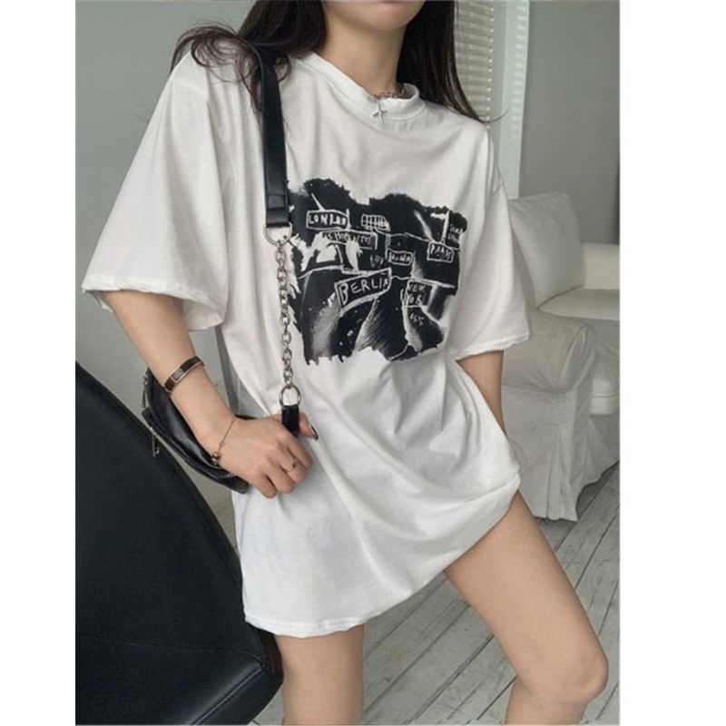 Áo Thun Ngắn Tay Dáng Rộng In Họa Tiết Thời Trang Mùa Hè Hàn Quốc Dành Cho Nữ