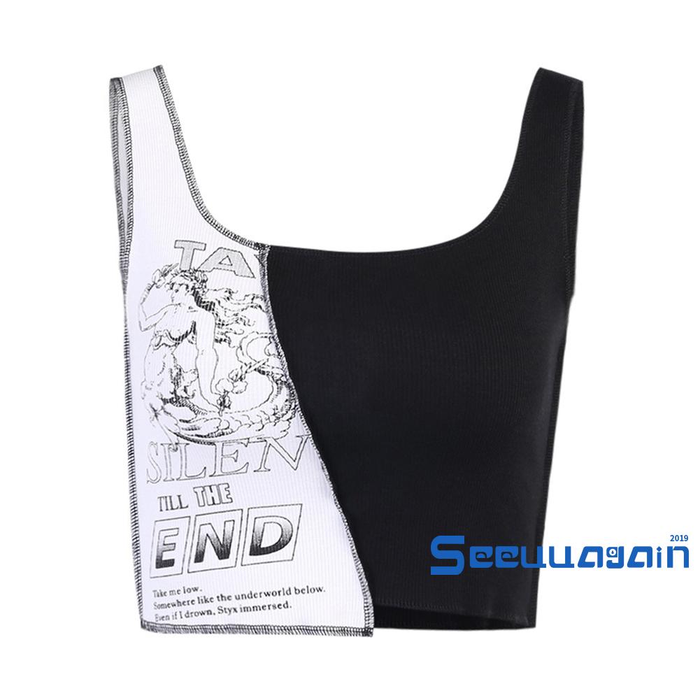 SEE-Women´s Sexy Tank Top, Fashion Letter Print Color Block Sleeveless Rib Knit Crop Top | BigBuy360 - bigbuy360.vn