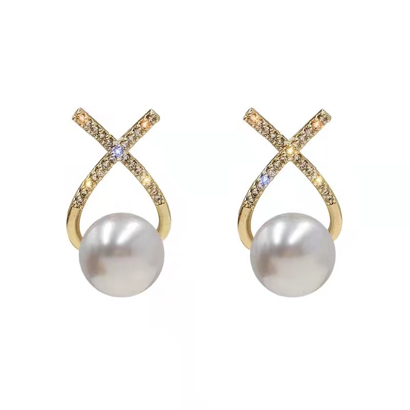 Bông tai chữ X đính ngọc trai nhân tạo phong cách Pháp sang trọng cho nữ