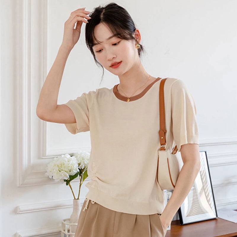 Áo thun YEYA tay ngắn cổ tròn vải lụa lạnh mỏng màu trơn phối dây rút cá tính cho nữ