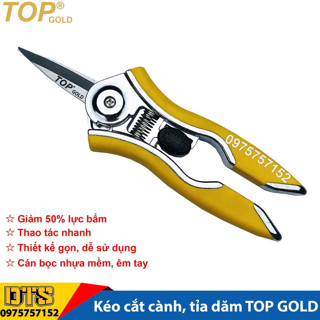 Kéo cắt cành, kéo tỉa dăm trợ lực TOP GOLD 6 inch/ 150mm, thép hợp kim cao cấp, thiết kế tối ưu tiết kiệm 50% lực bấm