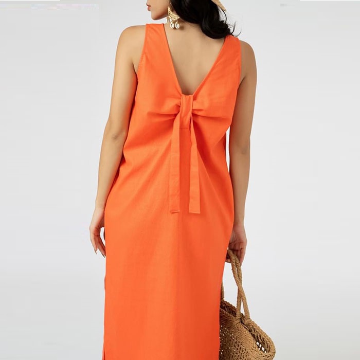 Đầm suông linen dáng yếm nơ lưng vạt tròn trẻ trung, thời trang phong cách Hàn