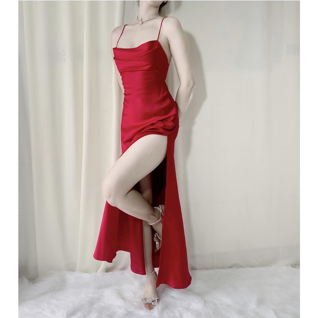 Đầm Lụa Xếp Ly Ngực Xẻ Đùi Dáng Dài Dự Tiệc Cao Cấp - Váy Lụa Hai Dây Dài Xẻ Đùi Tôn Dáng Sang Chảnh - Hana Dress
