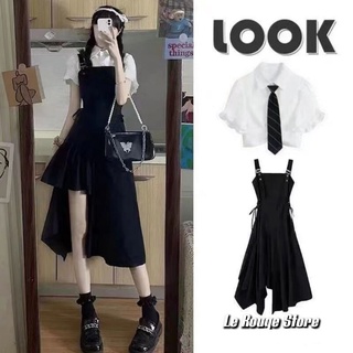 Set nữ ulzzang kiểu Hàn áo sơ mi ceoptop viền bèo + cà vạt và váy hai dây tà lệch thời trang cá tính