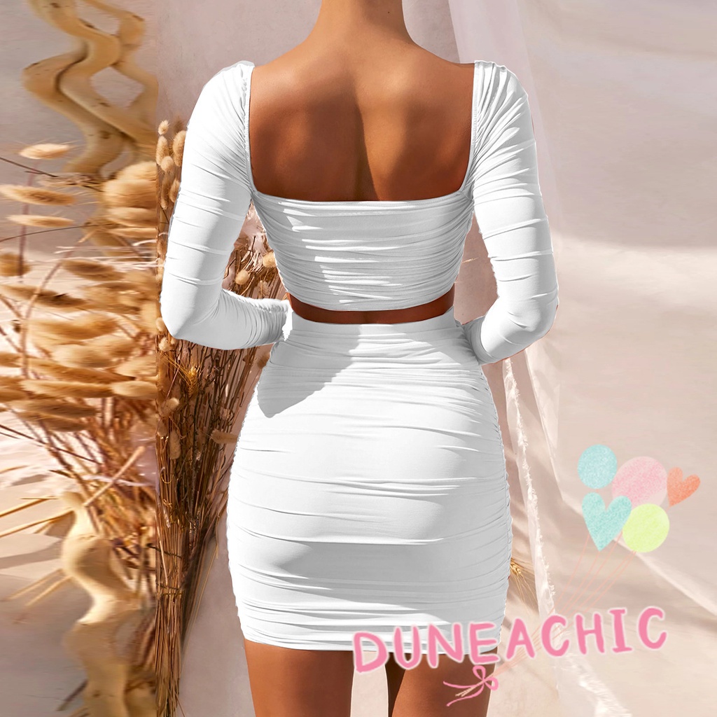 Set Áo Thun Lửng Cổ Vuông Hở Lưng + Chân Váy Ôm 2 Dây Thời Trang Nữ