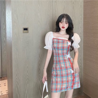 Váy kẻ tay bồng nơ bướm