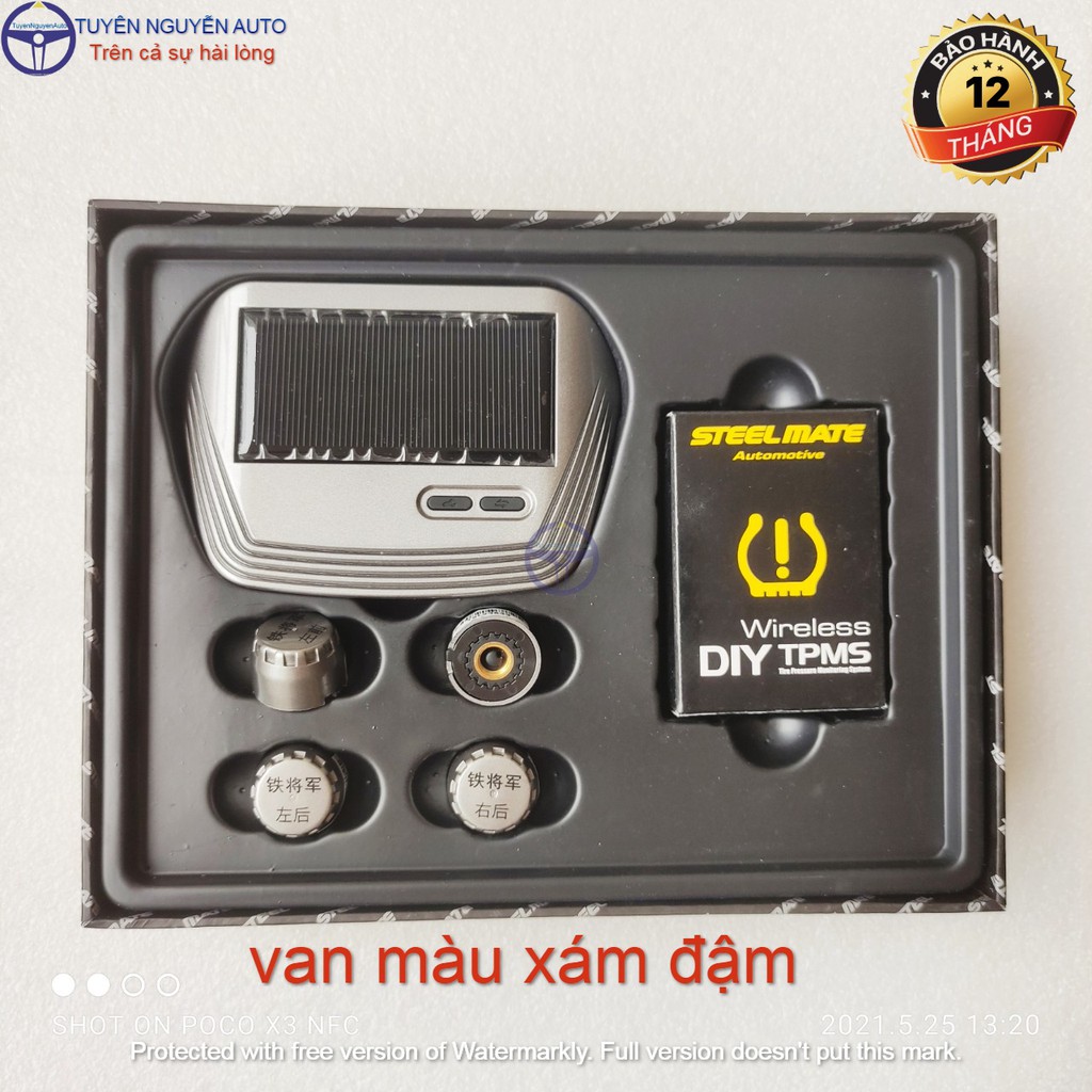 Cảm biến áp suất lốp Steelmate T023-D van ngoài màu xám dùng pin năng lượng mặt trời mẫu mới ren kim loại đồng