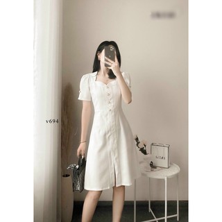 Đầm suông tay phồng nút ngọc