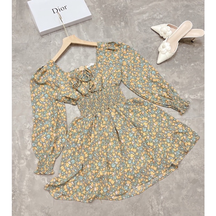 ĐẦM JUMSUIT CỔ VUÔNG TAY DÀI HỌA TIẾT HOA, ĐẦM CỔ VUÔNG CÓ QUẦN HỌA TIẾT