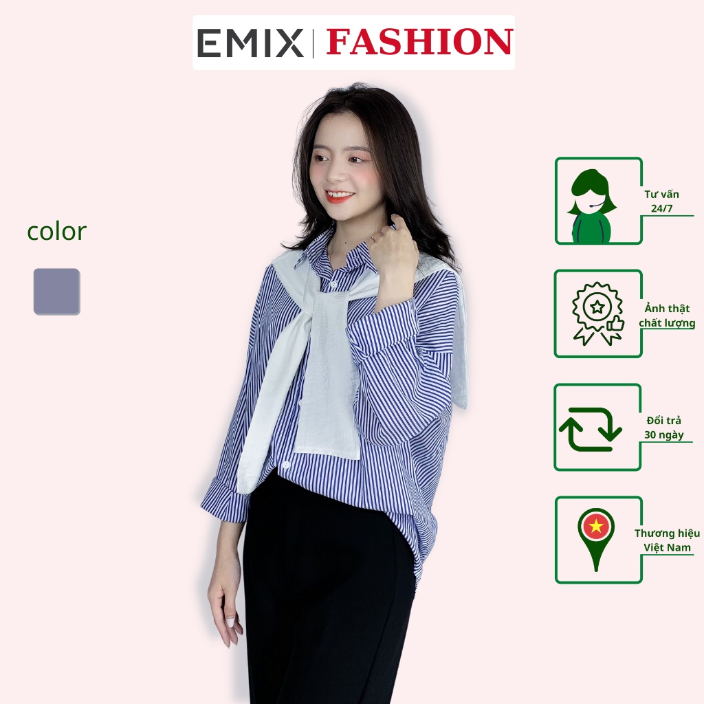 Áo sơ mi công sở EMIX (màu xanh), basic, thủy thủ, dáng dài, kẻ sọc trắng, form rộng, vải thô boil, đi học, đi làm 8638