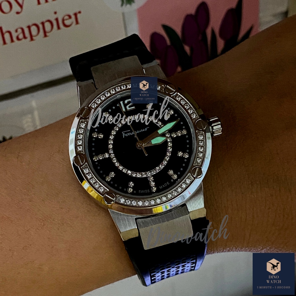 Đồng Hồ Nữ Ferragamo F80 Classic Dây Cao Su Màu Đen - Viền Đính Đá - Size 33mm - Máy Quartz