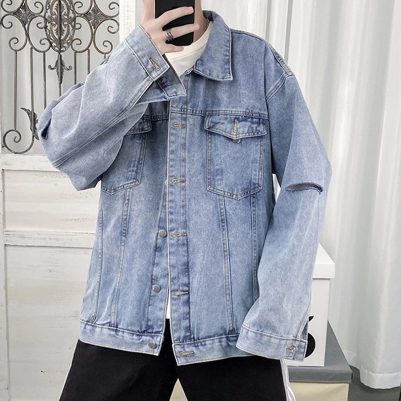 ÁO KHOÁC JEANS BÒ DENIM JACKET-AKJRT-FASHION UNISEX rách tay màu xanh ảnh thật