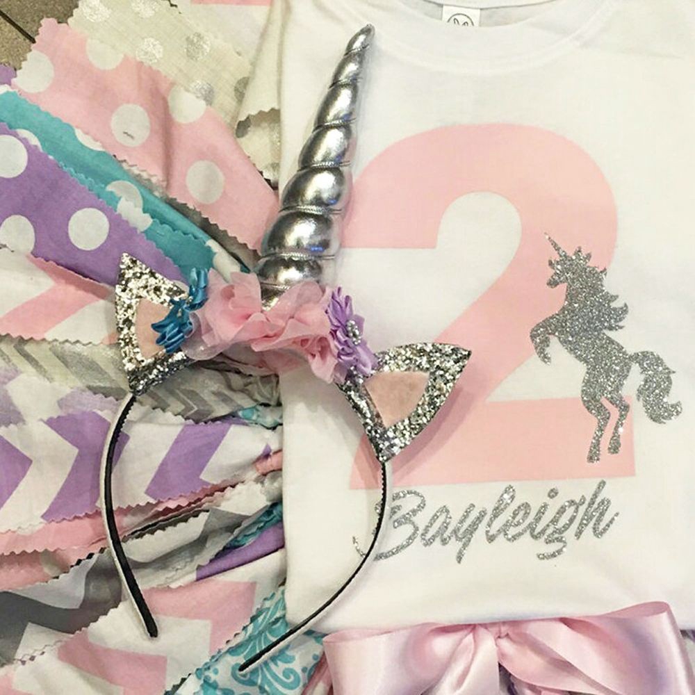 Băng đô cài tóc gắn sừng kỳ lân đính kim tuyến long lanh