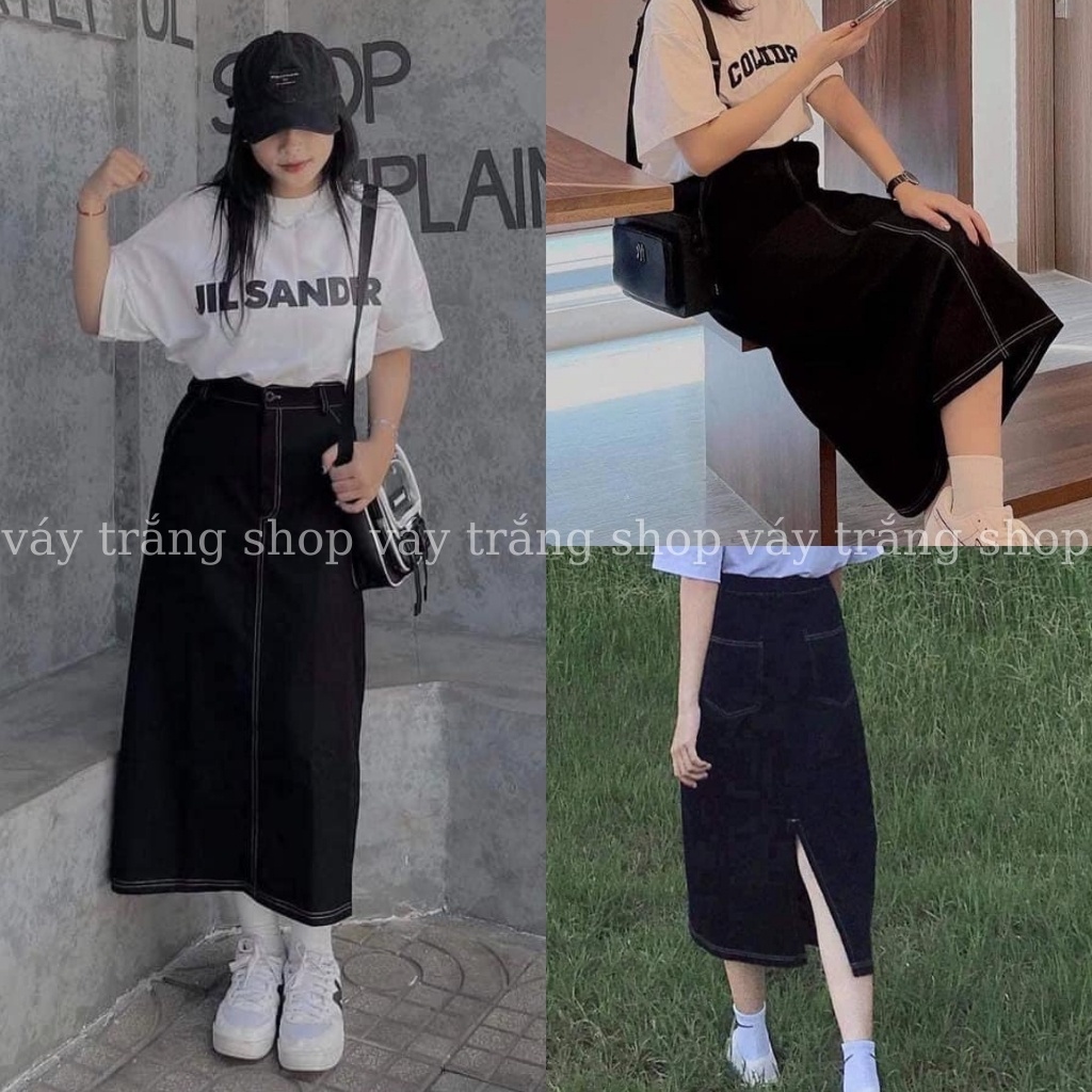 Chân váy dài qua gối kaki giả jean midi viền chỉ nổi basix trẻ trung năng động màu đen chất đẹp chuẩn ảnh | BigBuy360 - bigbuy360.vn