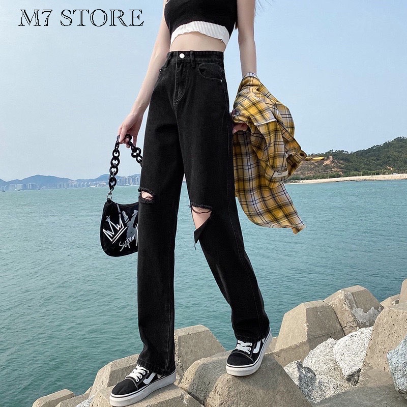 Quần jean nữ ống rộng đen rách gối M701 phong cách hàn quốc.