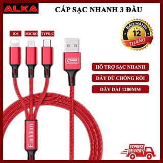 Dây cáp sạc nhanh 3 đầu, cáp sạc 3 trong 1 hỗ trợ sạc nhanh dây dù siêu bền, cáp sạc đa năng bảo hành 12 tháng.
