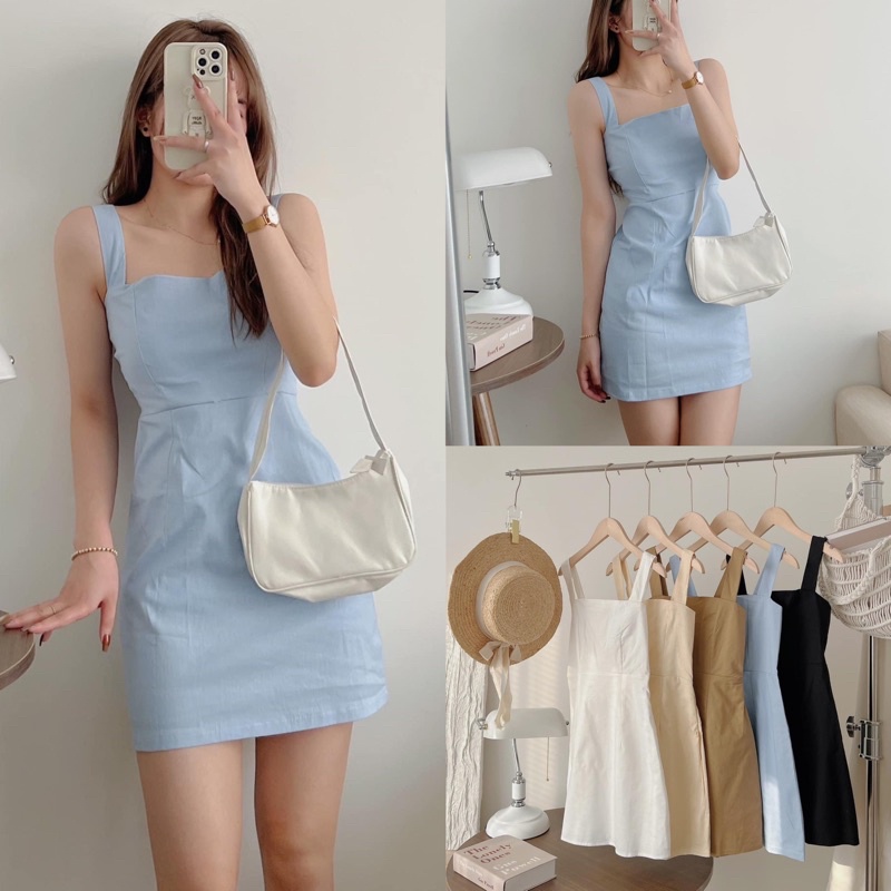 [Ảnh thật/Video]Váy hai dây bản to mididress Đầm hai dây chun lưng