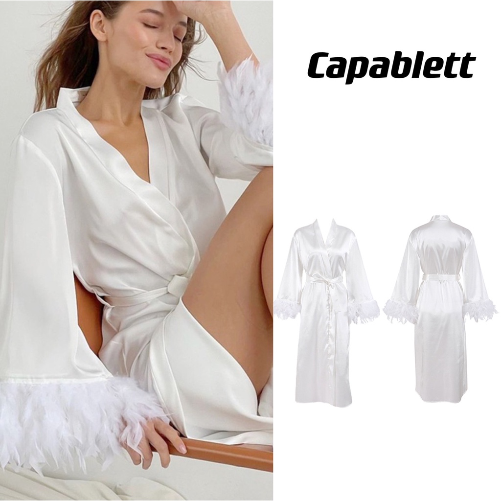 Áo Choàng Tắm Kimono Vải Satin Phối Lông Vũ Cho Cô Dâu